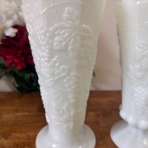 Vintage Milk Glass Vases Set – Grapevine Pattern Pedestal Vases White Floral Emb - Picture 5 of 6
